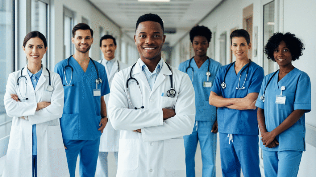 A team of physicians and nurses standing together in a hospital corridor.