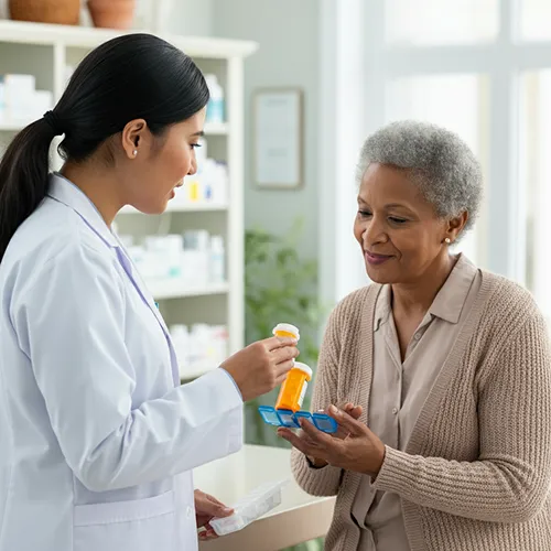 A clinical pharmacist reviews a weekly pill organizer with an older woman across a pharmacy counter.