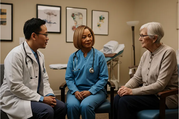 Two healthcare professionals, a male doctor and a female nurse, sit and talk with an elderly woman in a medical office equipped with medical devices and framed artwork, discussing her health and reviewing important medical analytics.