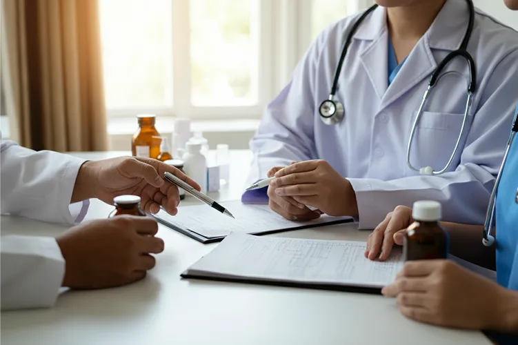 A clinical team in white coats and scrubs discussing a patient case together in a bright clinical setting.