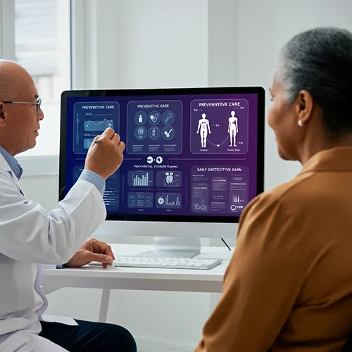 A doctor discusses medical data displayed on a computer screen with a female patient in an exam room, highlighting health charts, AI-powered diagrams, and preventive care information.