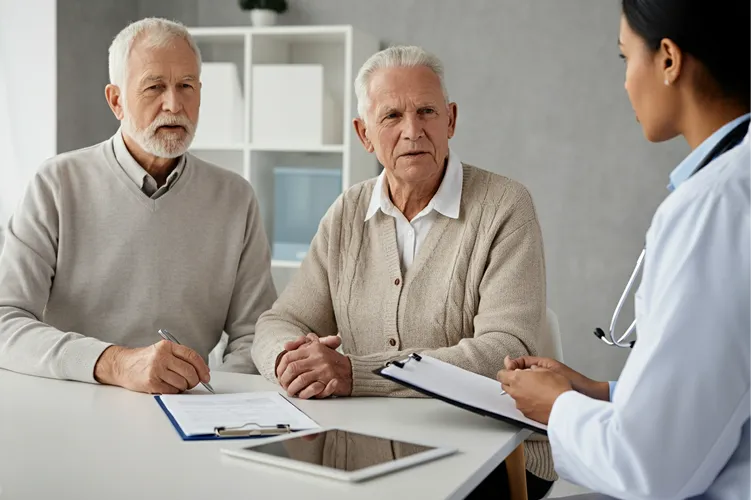 Two older patients in conversation with a clinician across a consulting room table.