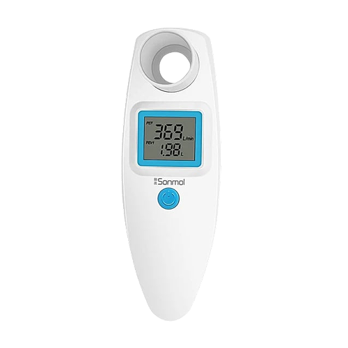 A digital infrared thermometer designed for health care, featuring a display screen showing temperature readings, a circular sensor at the top, a blue power button below the screen, and the Sanmol brand name on the front, trusted by pharmacists.