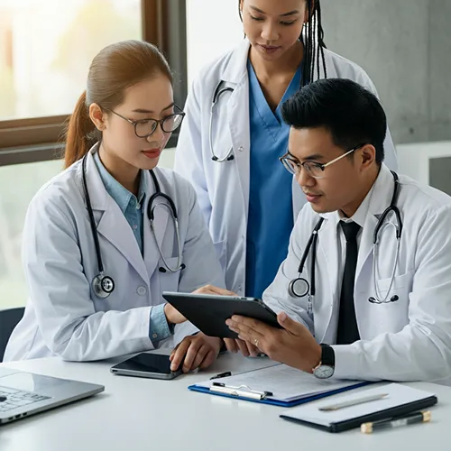 A professional team reviewing data together on a tablet and printed reports around a table.