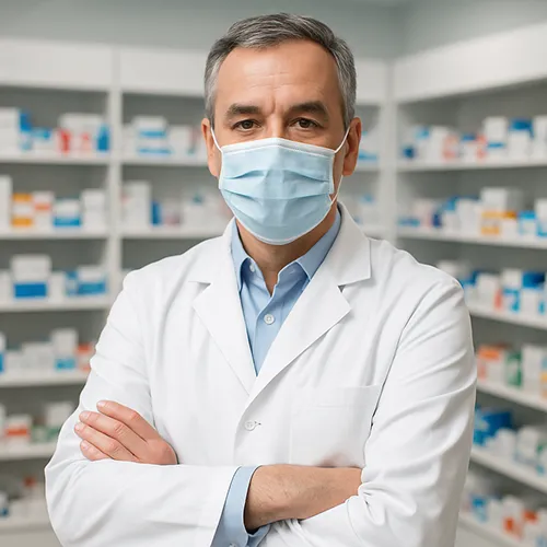 A pharmacist wearing a white coat and medical face mask stands with arms crossed, embodying health and professionalism, in front of shelves filled with various medications in a pharmacy.