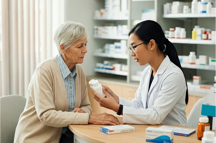 A pharmacist explains medical instructions to an older woman, showing her a prescription bottle as they sit at a pharmacy counter with health-related medicine boxes on the table.