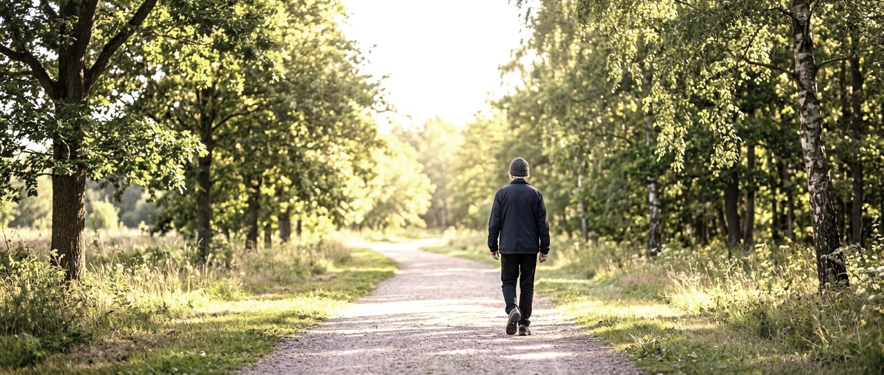 An older adult walking away along a sunlit tree-lined park path.