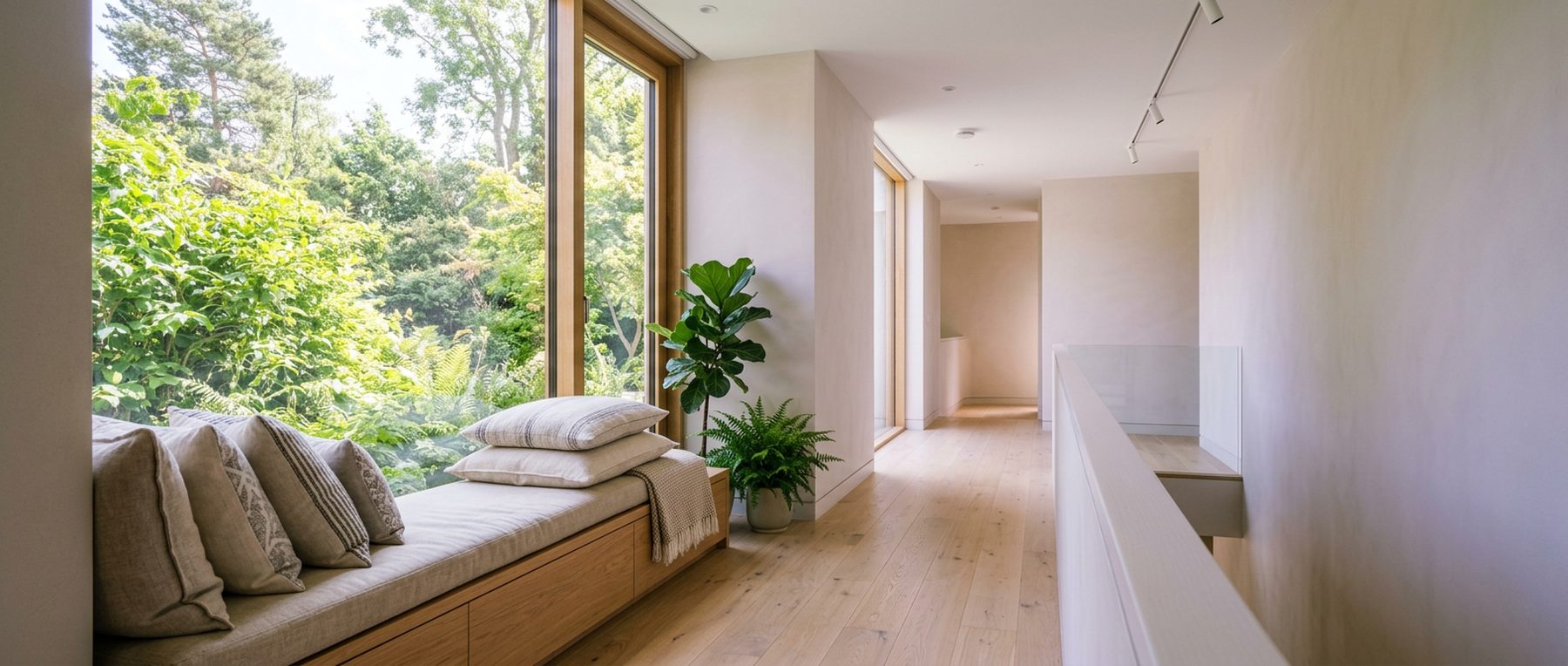 A calm, empty corridor with a cushioned window seat beside a tall window overlooking greenery.