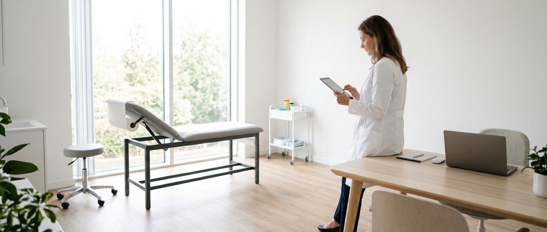 A clinician in a white coat reviewing notes on a tablet in a bright consultation room.