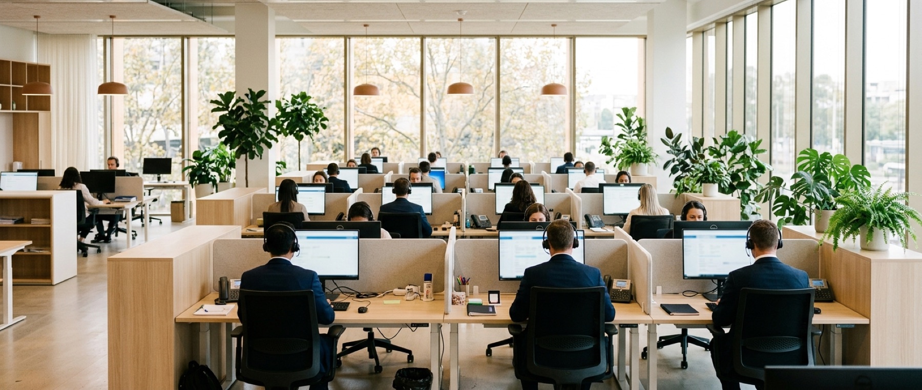 A bright patient-engagement center, staff wearing headsets at low-partition desks beside tall windows.