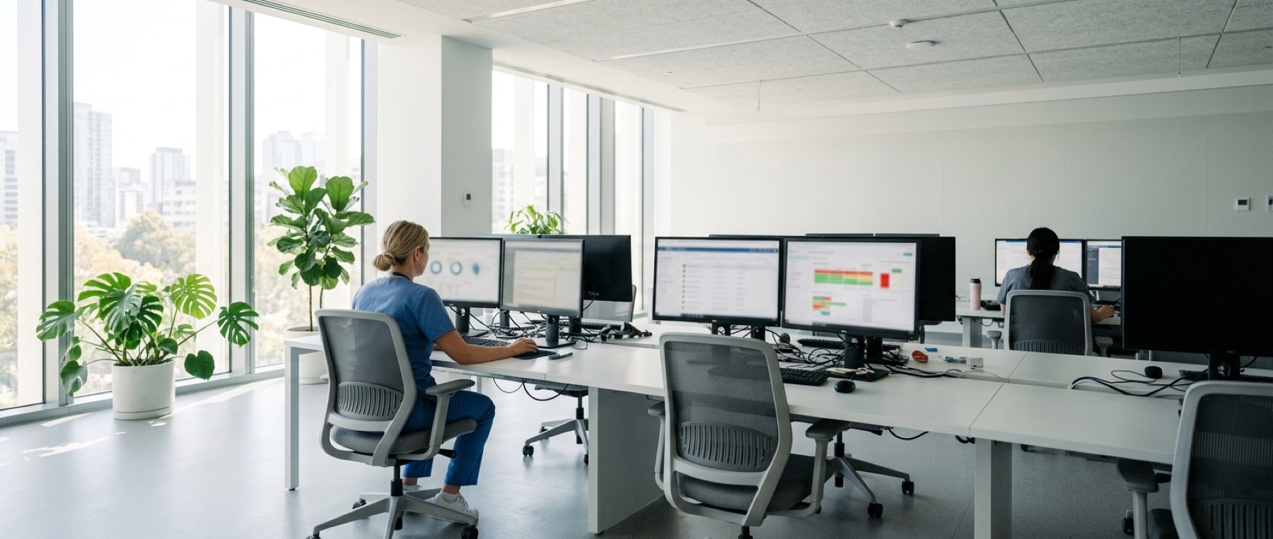 A wide view of a clinical care-coordination room, staff at a long desk of monitors beside tall daylit windows.