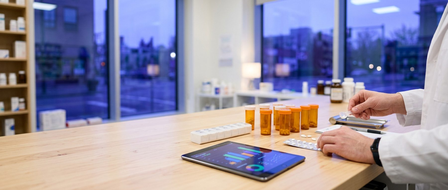 A pharmacy consultation bench with prescription vials, a weekly pill organizer and a tablet, lit by tall windows at dusk.
