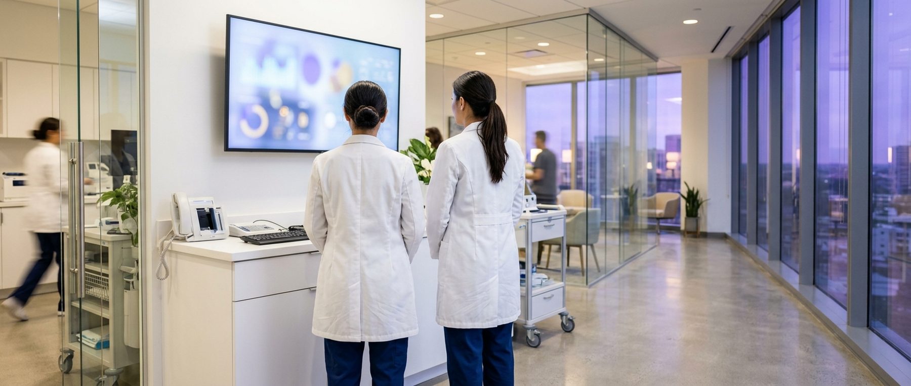 Two clinicians in white coats, seen from behind, reviewing a display at a bright clinical workstation.
