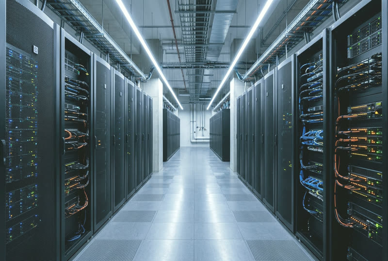 A softly lit aisle of server racks in a modern data centre.
