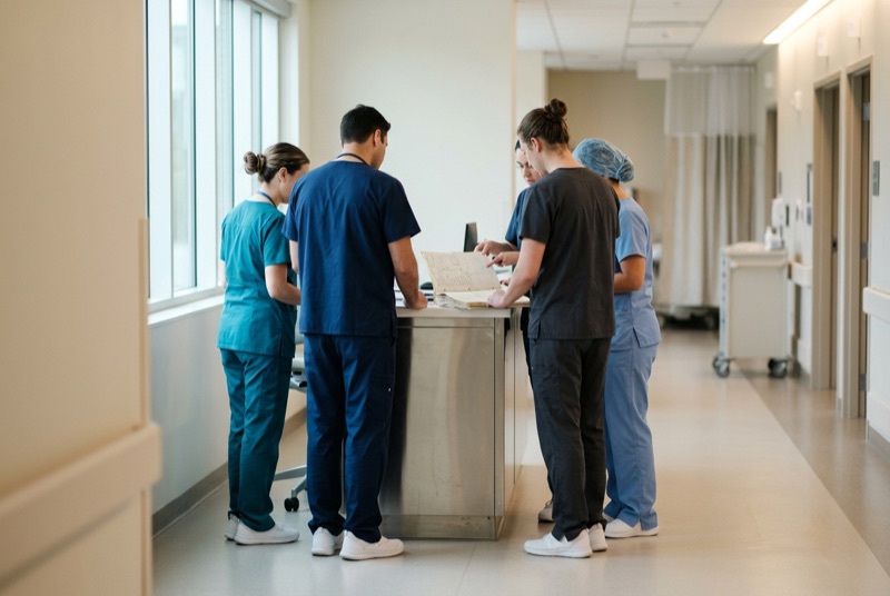 A clinical care team reviewing a patient chart together in a bright modern medical facility.