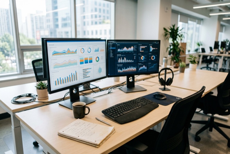 A data analyst's workstation with two monitors showing charts and dashboards.
