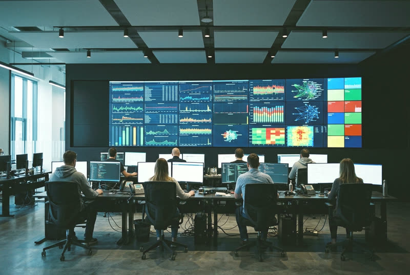A network operations room with wall-mounted status displays and technicians at workstations.