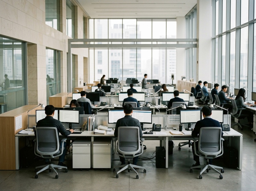 A bright modern government agency operations office with staff working at clean desks beside tall windows.