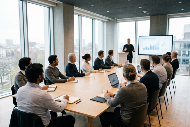 A professional briefing under way in a bright modern meeting room.