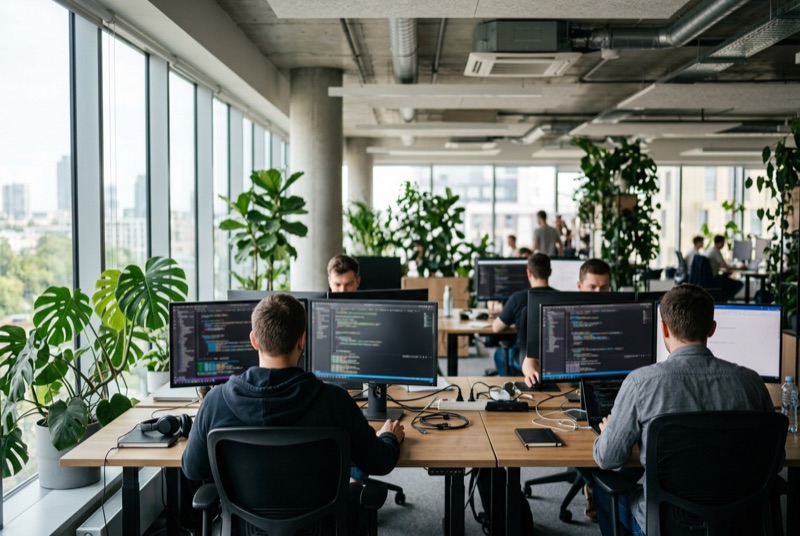 Software developers working at dual-monitor workstations in a bright open office.