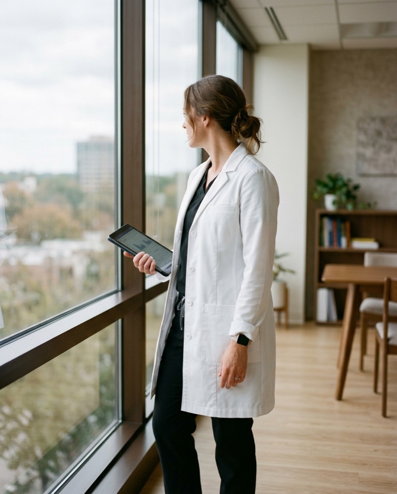 A clinical pharmacist in a white coat holding a tablet beside a tall window in a bright consultation room.