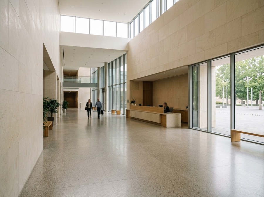 The bright entrance lobby of a modern civic administration building.